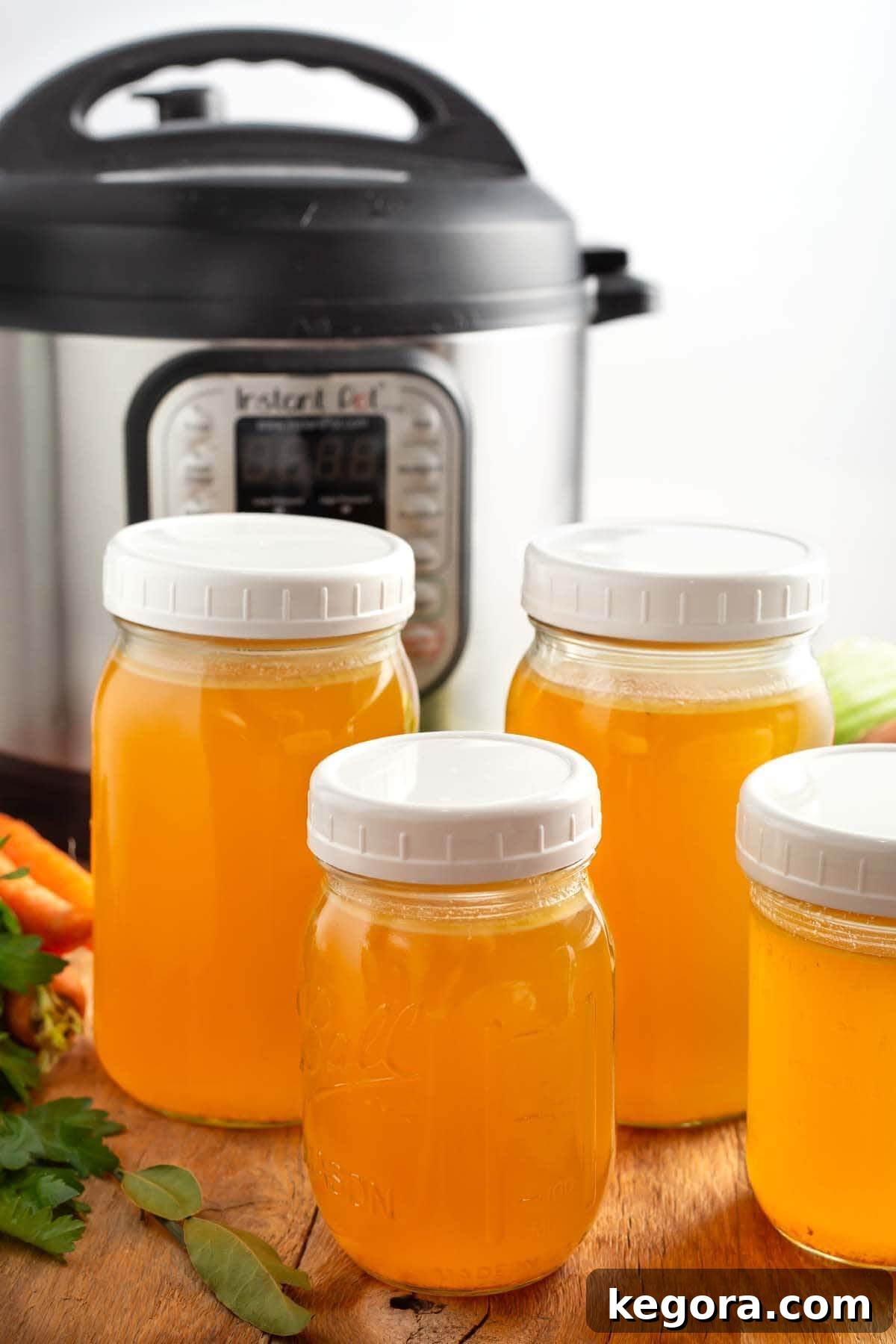 Instant Pot Turkey Broth in jars in front of IP