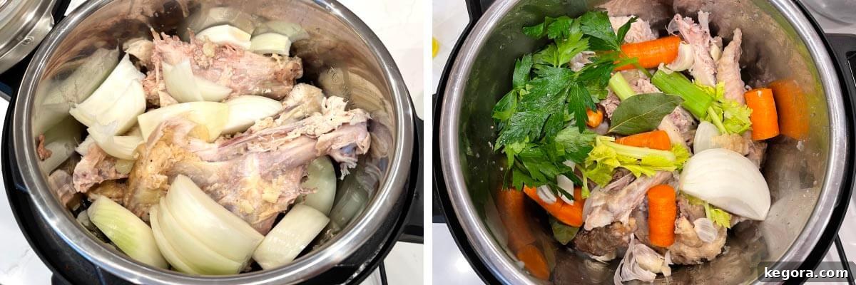 turkey carcass and veggies in the pot before cooking