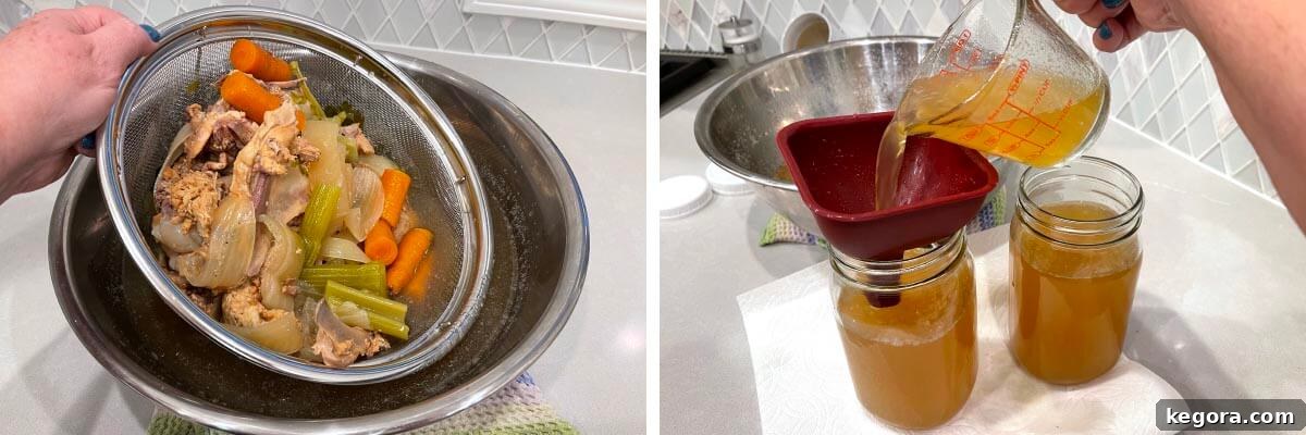 Instant Pot Turkey Broth being strained, then jars being filled with the turkey broth
