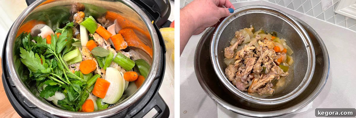 Homemade Instant Pot Chicken Broth 3 chicken bones and vegetables in the pot. strained bones and vegetables