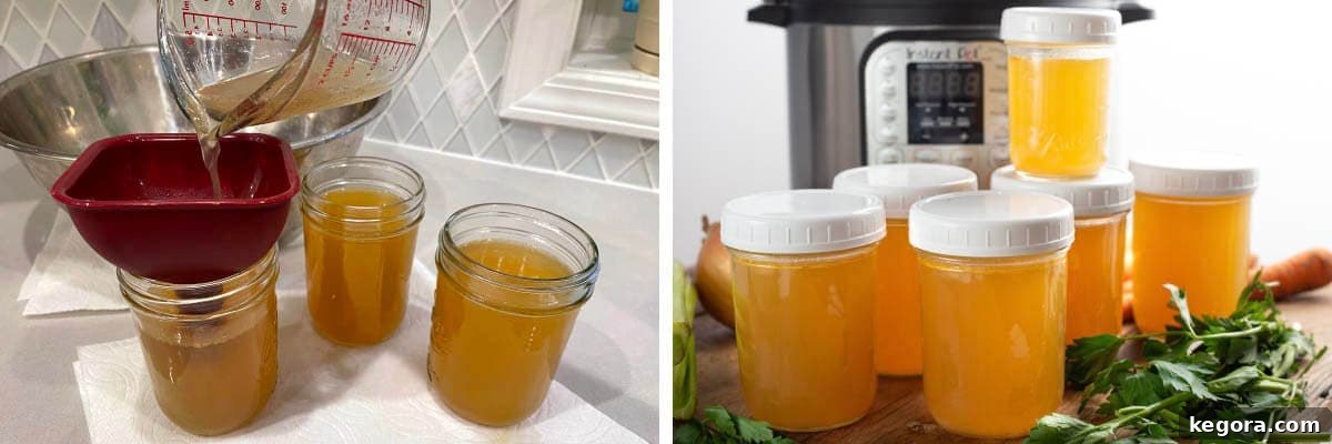 Homemade Instant Pot Chicken Broth 4 pouring broth into jars, stack of jars with broth in them