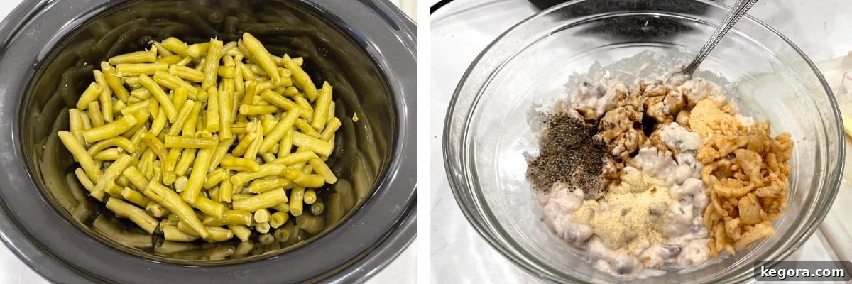 green beans in the crock, mixing bowl with ingredients