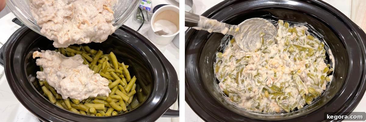 pouring soup mixture over beans, mixed up beans and soup