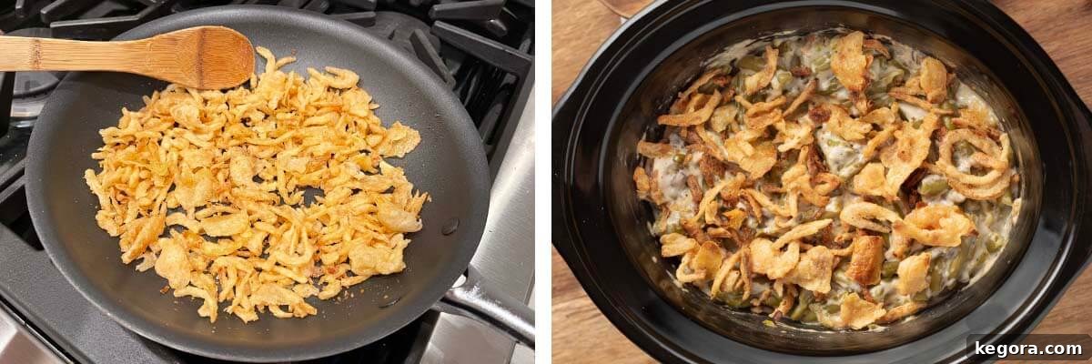 frying onions, finished dish in crock