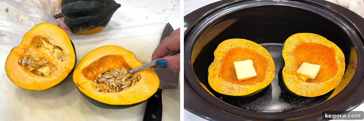 Effortless Slow Cooker Acorn Squash 4 Steps for preparing acorn squash: showing a spoon scooping seeds from the squash, and squash halves placed in a slow cooker with butter and seasonings.
