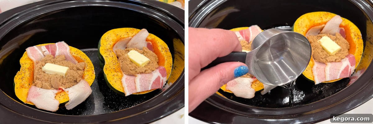 Effortless Slow Cooker Acorn Squash 5 Acorn squash halves in a slow cooker, filled with melting butter, brown sugar, and bacon, ready for the cooking process.