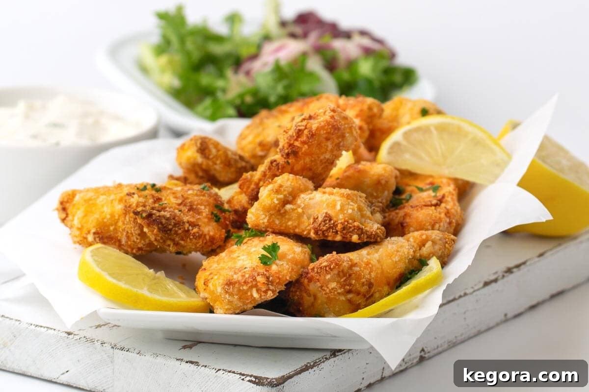 Crispy Air-Fried Nuggets 3 white plate of chicken nuggets and lemon wedge