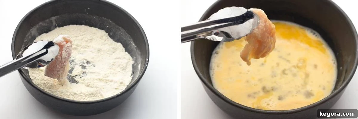 Crispy Air-Fried Nuggets 5 dipping chicken in flour, then in eggs