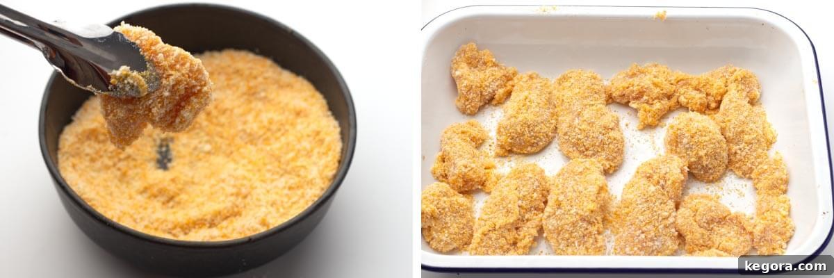 Crispy Air-Fried Nuggets 6 dipping chicken in cracker crumbs, chicken pieces in dish ready for air fryer