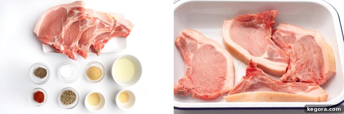 Ingredients for air fryer pork chops artfully arranged, including four raw pork chops in a pan, oil, and spices, ready for preparation.