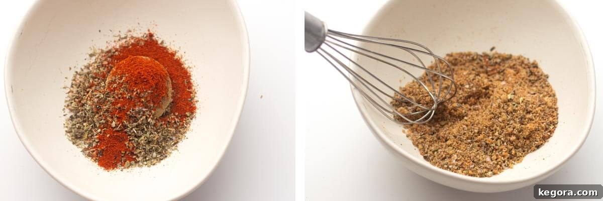A white bowl containing a vibrant mix of spices for pork chops, with a whisk stirring the ingredients to combine them perfectly.