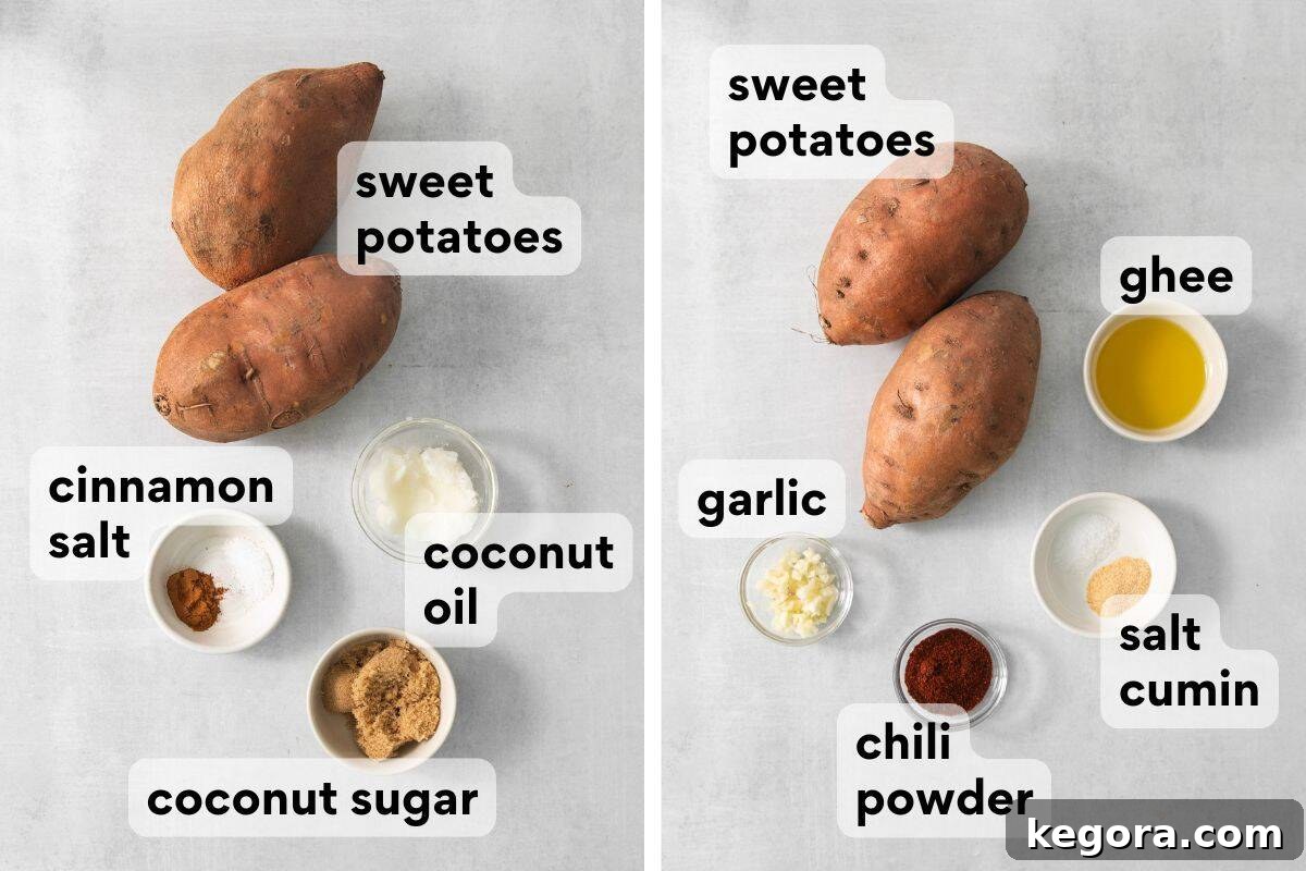 Assortment of fresh sweet potatoes, coconut oil, coconut sugar, cinnamon, chili powder, cumin, garlic, and salt, laid out for a sweet and savory roasted sweet potato recipe. All ingredients are perfectly portioned for the recipe.