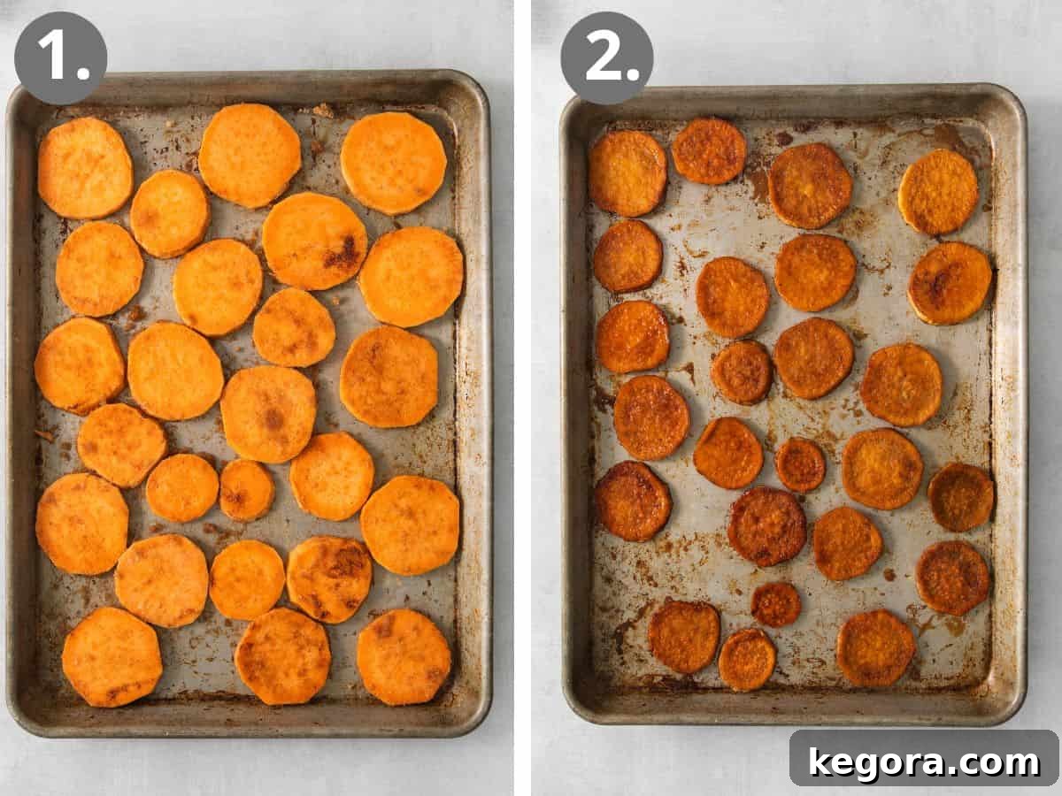 Step-by-step process of preparing sweet potatoes for roasting, showing slicing, seasoning, and spreading on a baking sheet to ensure even cooking and caramelization.