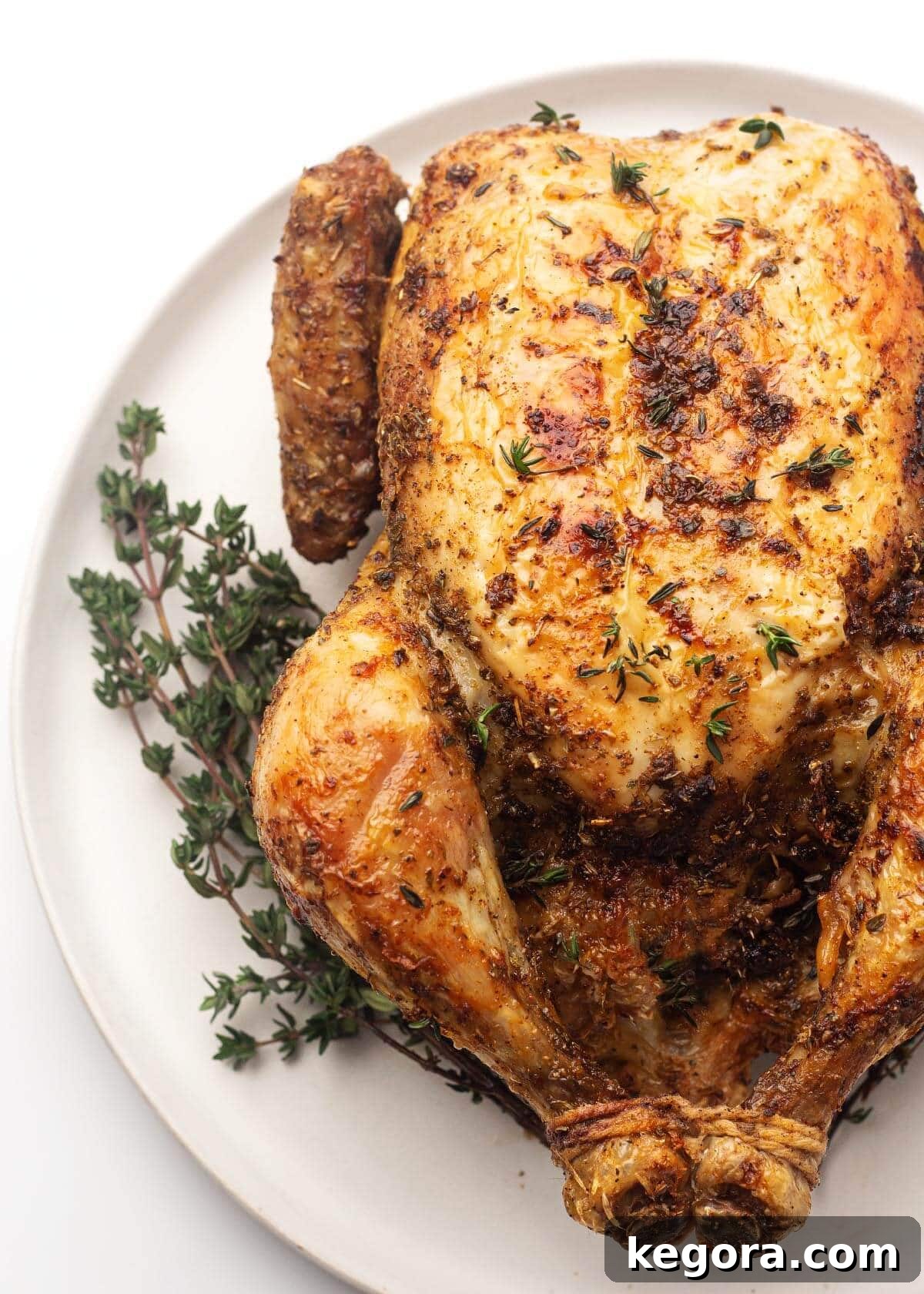 A perfectly cooked whole chicken on a serving platter, ready to be carved, showcasing its golden, crispy skin.