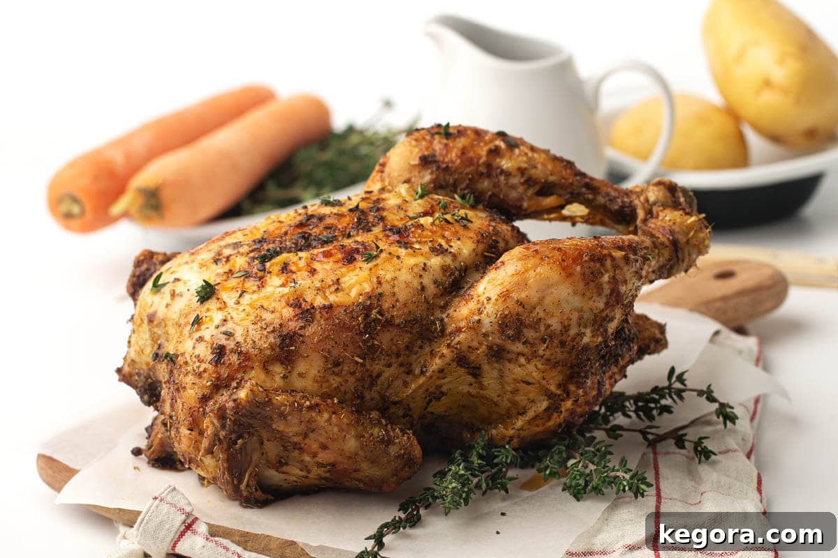 A whole chicken on a wooden cutting board, prepped and ready for seasoning, highlighting its size suitable for an air fryer.