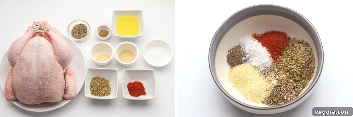 Ingredients for the air fryer whole chicken recipe, including a bowl of spices and oil, neatly arranged on a counter.