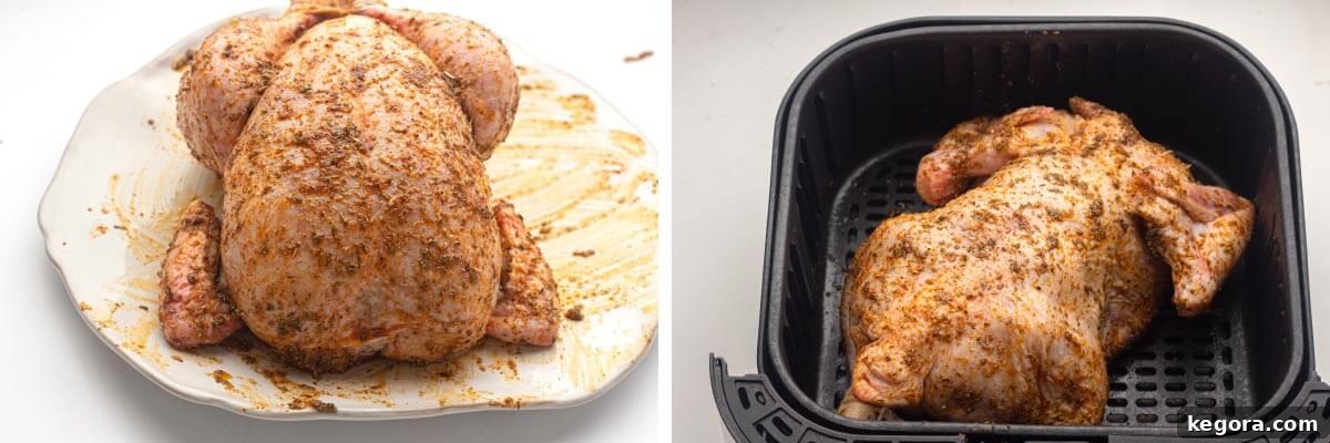 A whole chicken generously coated with the spice rub, placed breast-side down in an air fryer basket, ready for cooking.