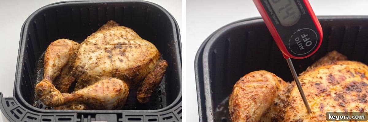 A whole chicken cooking in the air fryer basket, followed by a close-up of a meat thermometer checking the internal temperature of the cooked chicken.