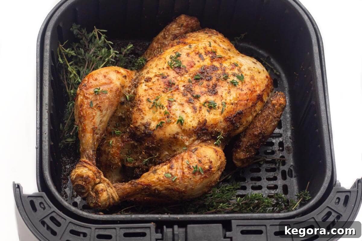 A golden-brown, crispy Air Fryer Whole Chicken resting in the air fryer basket after cooking.