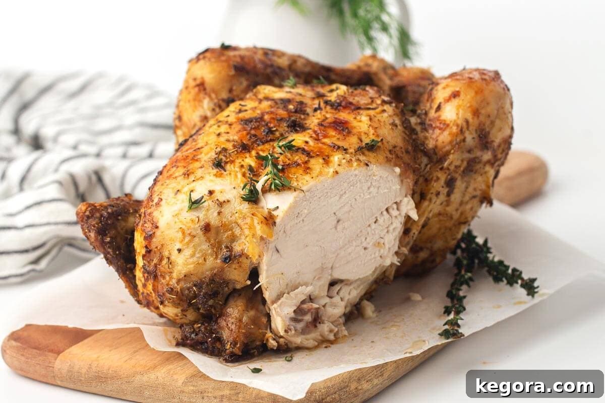 A beautifully cooked Air Fryer Whole Chicken with a slice removed, revealing the tender, juicy interior.