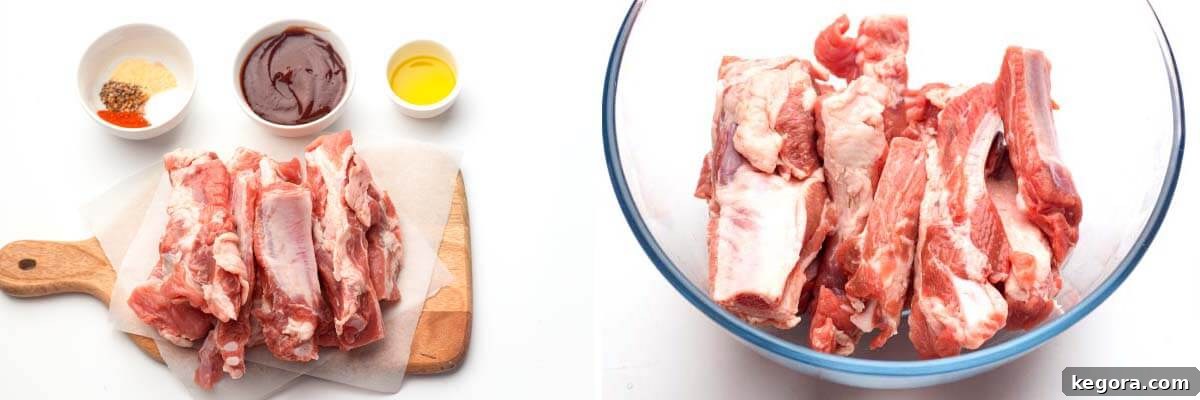 ingredients artfully arranged, ribs in a bowl