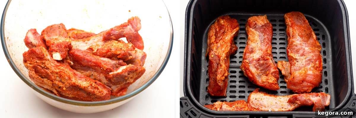 ribs mixed with spices, seasoned ribs in air fryer basket