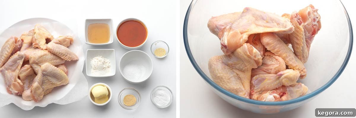 Crispy Air Fryer Buffalo Wings 4 Ingredients artfully arranged next to a bowl of raw chicken wings, ready for the recipe.