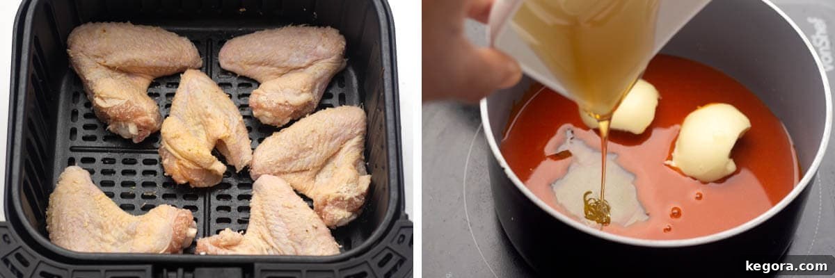 Crispy Air Fryer Buffalo Wings 6 Chicken wings arranged in an air fryer basket, and honey being added to a saucepan for the sauce.