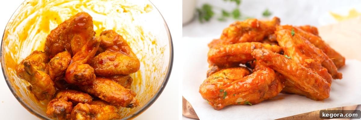 Crispy Air Fryer Buffalo Wings 10 Sauced chicken wings in a bowl, then arranged on paper for serving.