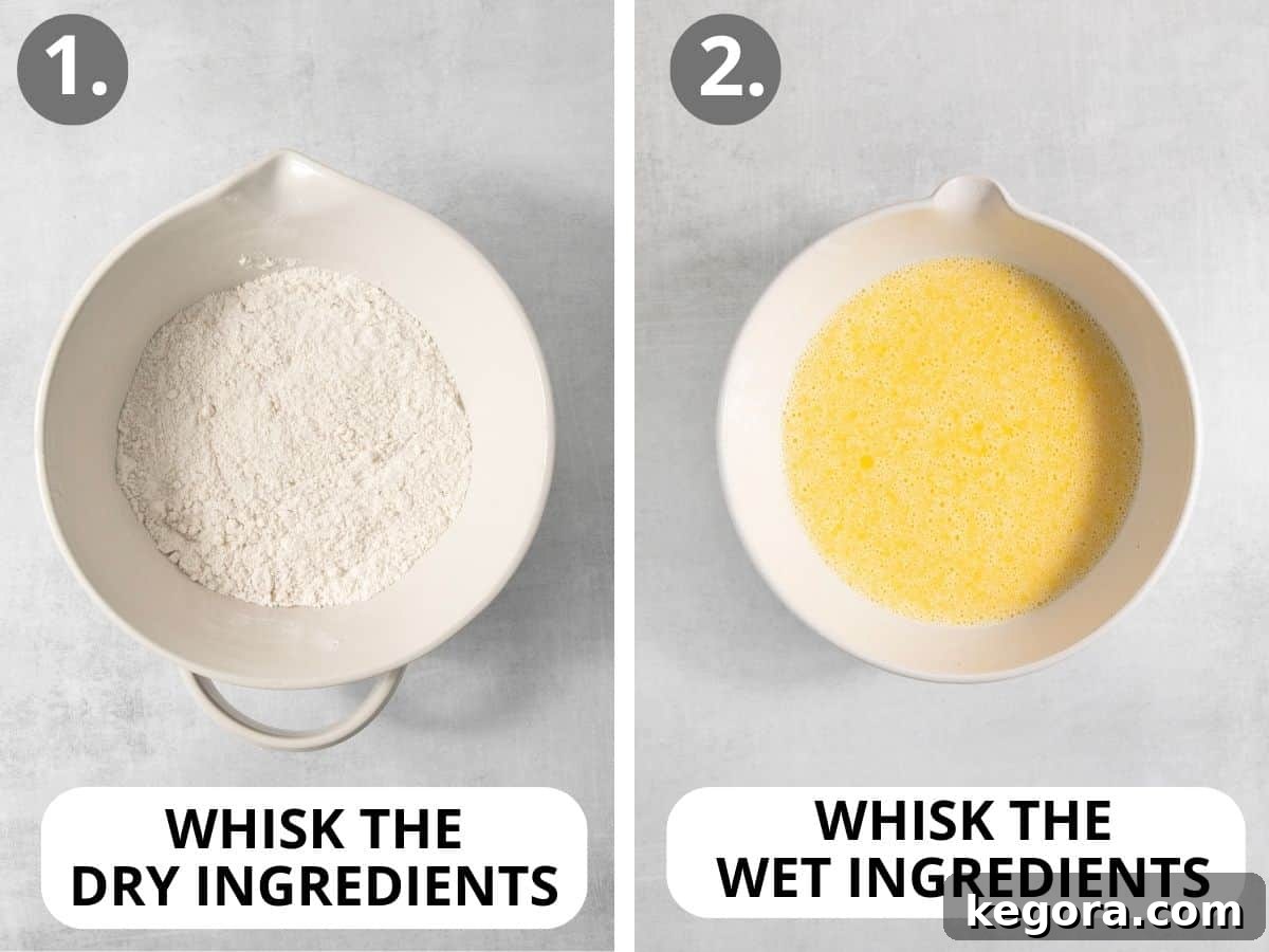 Golden Crisp Gluten-Free Waffles 5 Image showing dry ingredients for gluten-free waffles in one bowl and wet ingredients (egg yolks, milk, oil) mixed in another bowl.