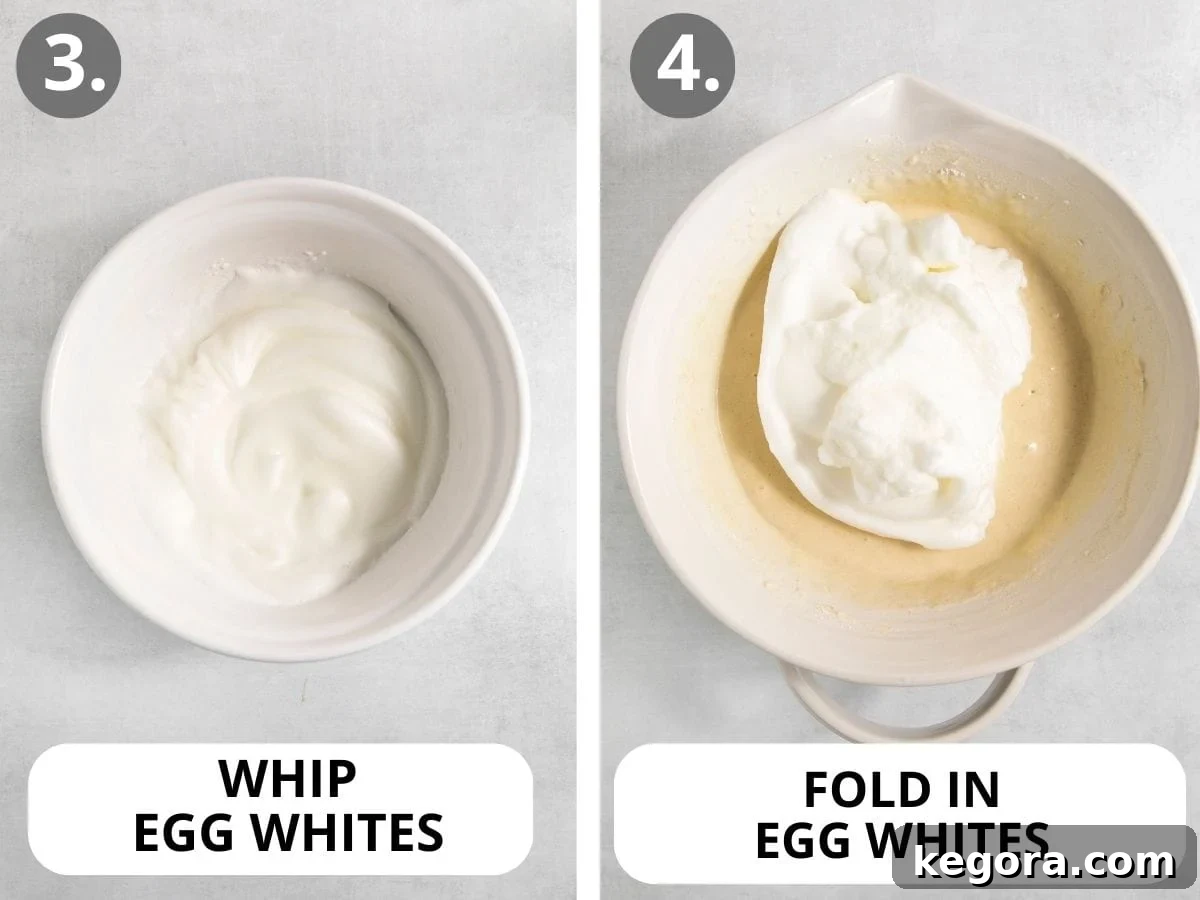 Golden Crisp Gluten-Free Waffles 6 Image showing a bowl of fluffy whipped egg whites, and another image of the whipped egg whites gently folded into the waffle batter.