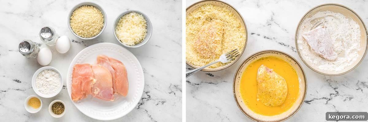 Ingredients for Air Fryer Parmesan Crusted Chicken artfully arranged, bowls of ingredients and raw chicken
