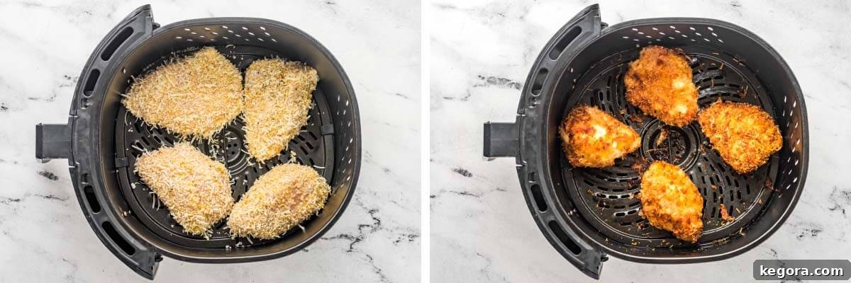 Air Fryer Parmesan Chicken, first image shows uncooked chicken in an air fryer basket, second image shows cooked, golden-brown chicken in the basket