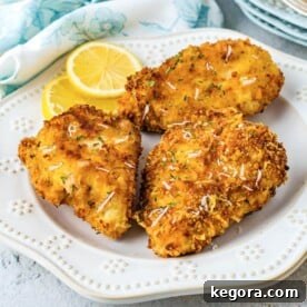 3 pieces of Air Fryer Parmesan Crusted Chicken on a white plate