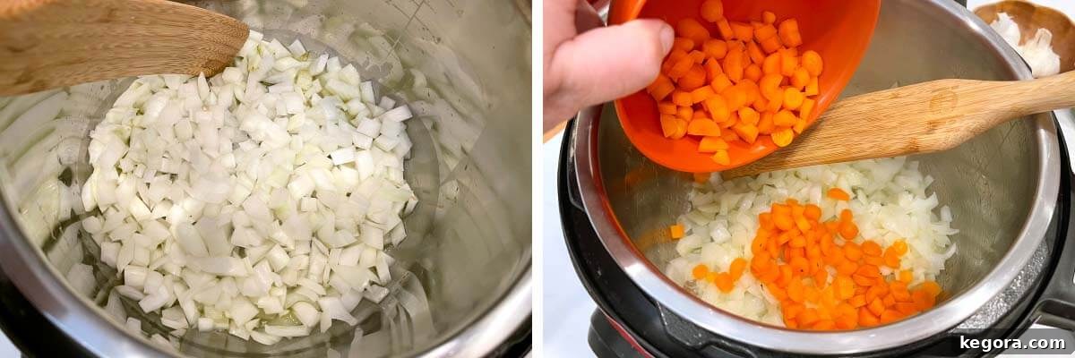 Onions in the Instant Pot, followed by carrots being added