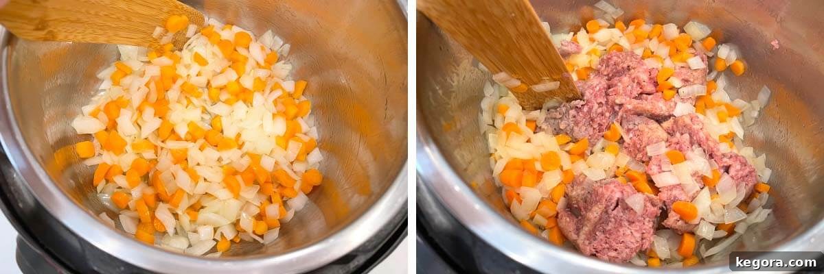 Onions and carrots in pot, with ground meat being added to the pot