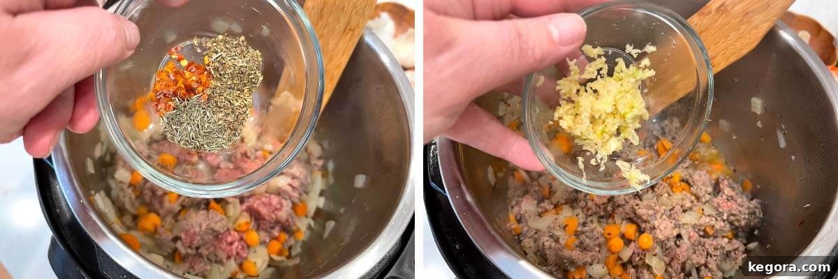 Spices being added to the Instant Pot, followed by garlic