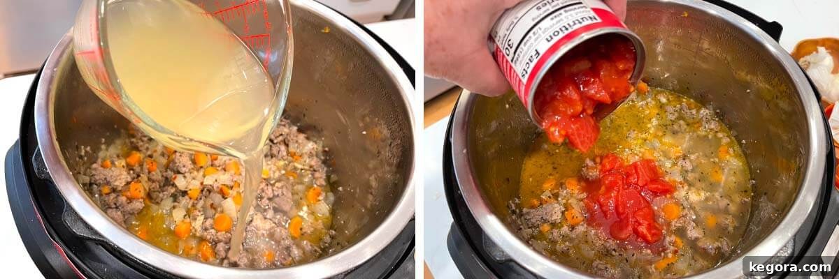 Broth being added to the Instant Pot, followed by diced tomatoes