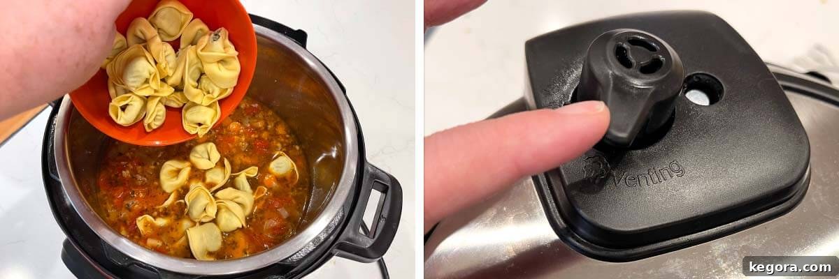 Adding tortellini to soup, steam vent open on pot