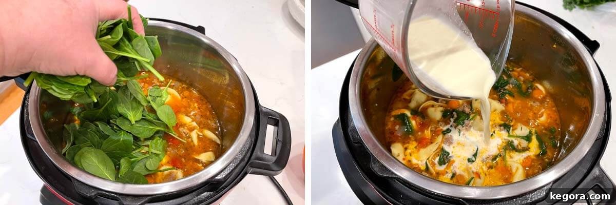 Adding spinach to soup, followed by cream being added to soup