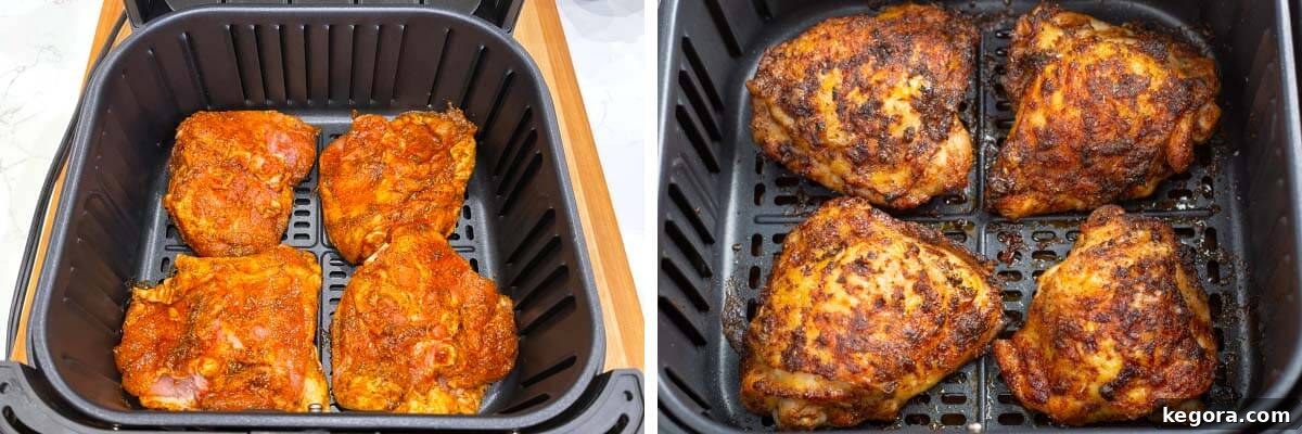 4 raw chicken thighs in air fryer basket, 4 cooked chicken thighs in air fryer basket