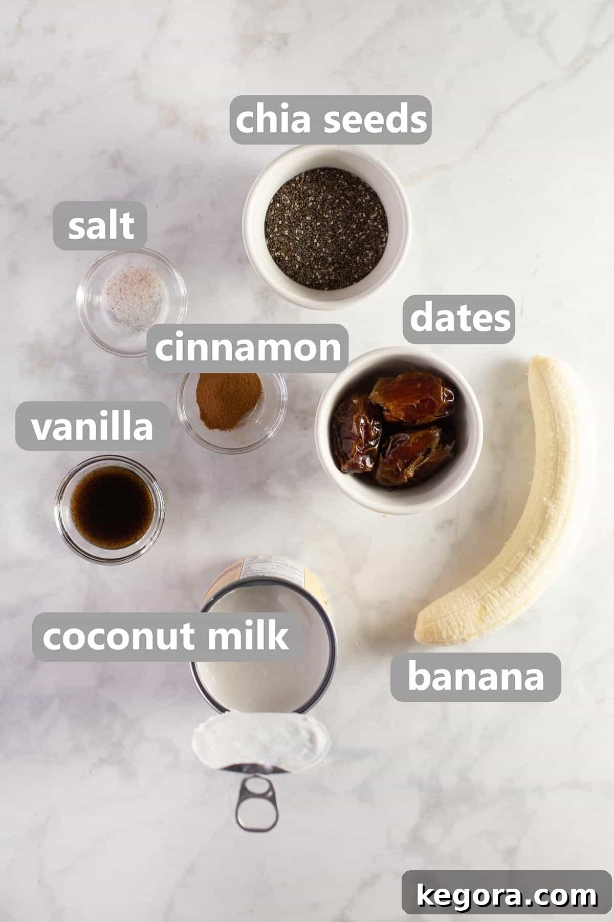 Banana Chia Pudding Ingredients ingredients for healthy banana chia pudding laid out on a kitchen countertop