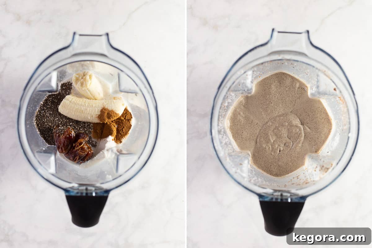 Blending Chia Pudding Ingredients overhead image shows a blender filled with ingredients for a chia pudding recipe, ready to be blended