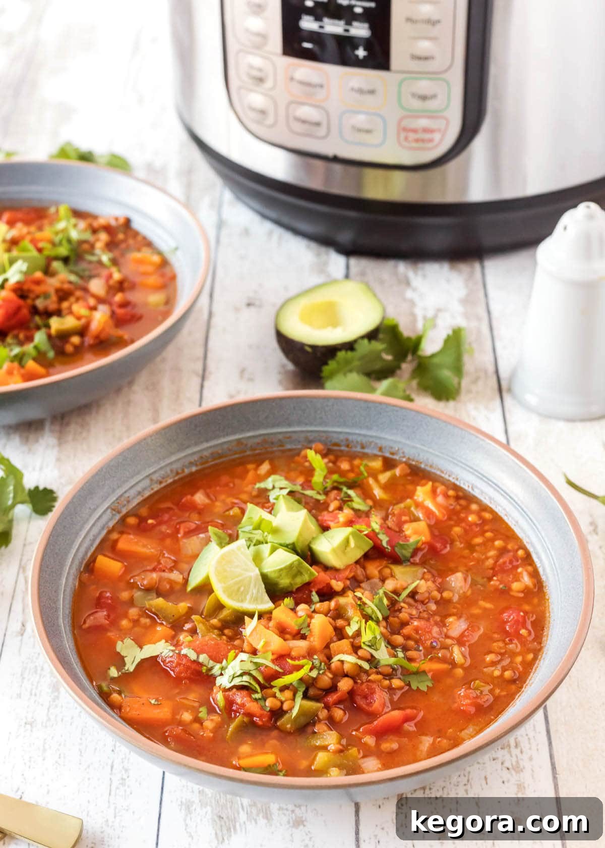 Rich and delicious Instant Pot Lentil Chili served in a grey bowl, with the Instant Pot in the background, ready to be enjoyed.