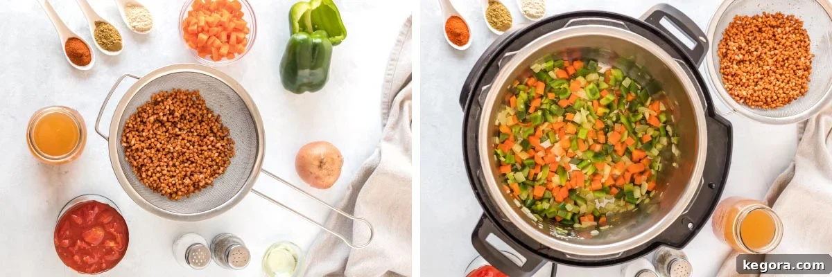 Ingredients for Instant Pot Lentil Chili laid out on a cutting board, including fresh vegetables like bell pepper, onion, and carrots, alongside dry lentils and seasonings, ready for the sautéing process.