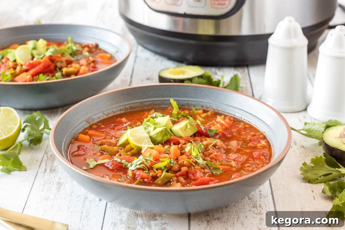 A full bowl of Instant Pot Lentil Chili, garnished and ready to serve, with the Instant Pot itself visible in the soft background.