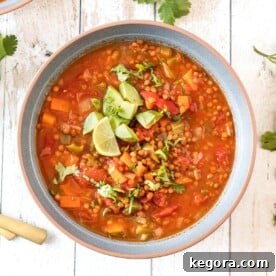Instant Pot Lentil Chili in a grey bowl