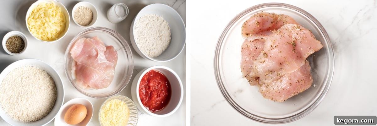 Ultimate Air Fryer Chicken Parmesan 4 Artful ingredient shot, seasoned chicken breasts in a bowl.