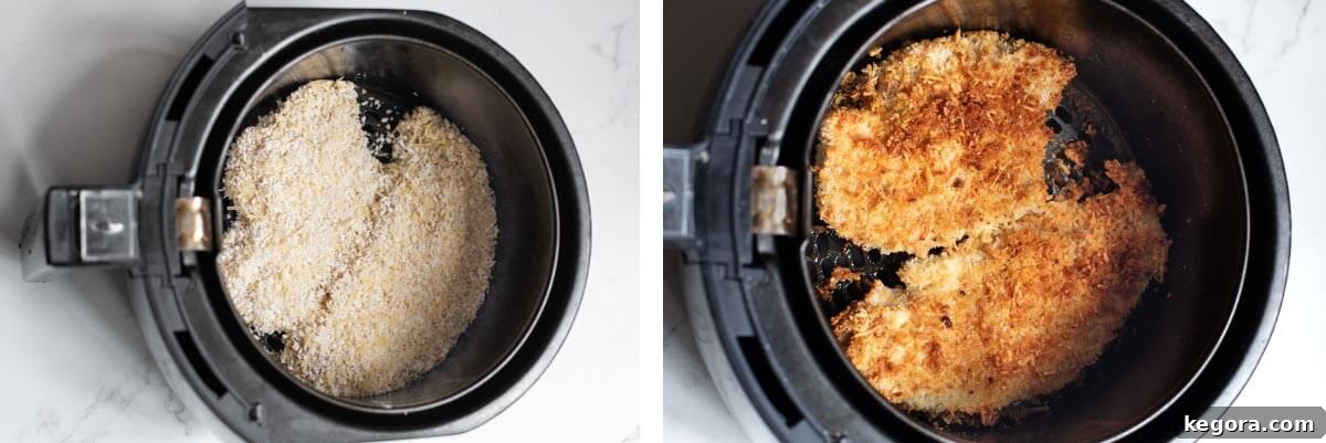 Ultimate Air Fryer Chicken Parmesan 6 Raw breaded chicken in air fryer basket on left, cooked chicken with sauce and cheese in basket on right.
