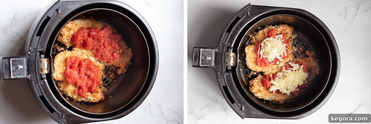 Ultimate Air Fryer Chicken Parmesan 7 Chicken with marinara sauce and melted cheese on top, ready for serving.